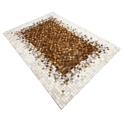 Brown-and-white leather rug with a diamond mosaic pattern, laid diagonally