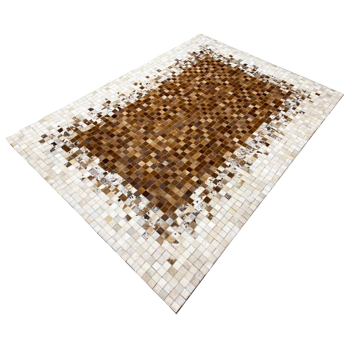 Leather rug with a brown center in a checkerboard mosaic and a white border