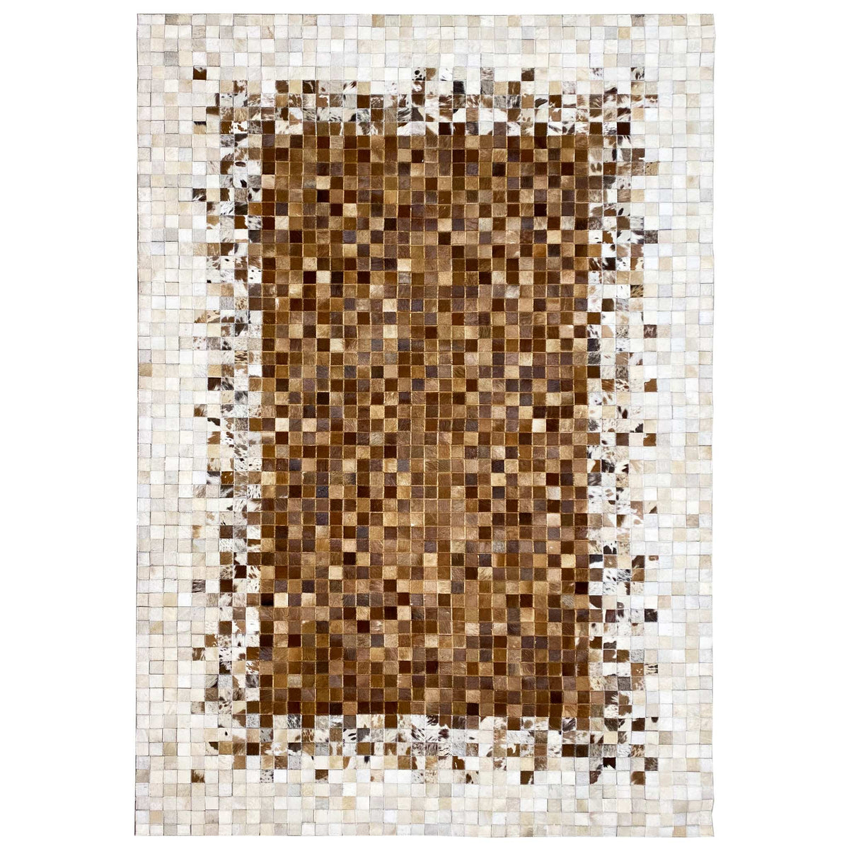 Calfskin rug with a brown mosaic pattern and light border panels