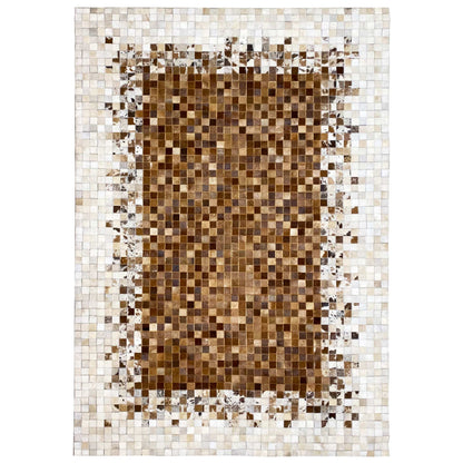 Calfskin rug with a brown mosaic pattern and light border panels