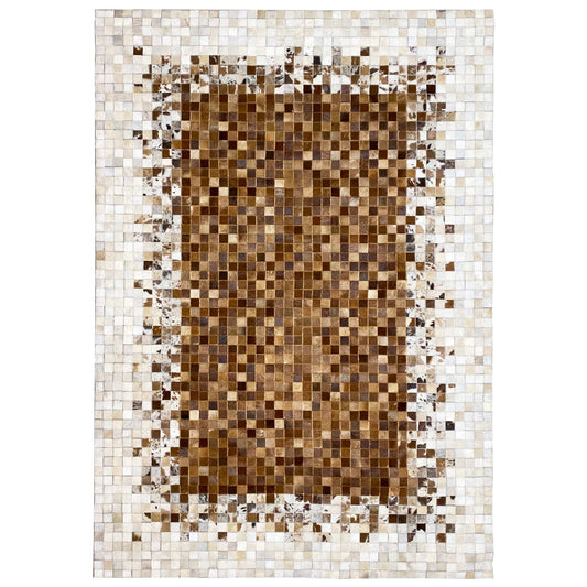 Calfskin rug with a brown mosaic pattern and light border panels