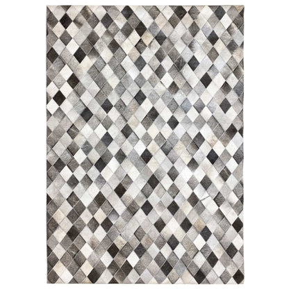 Square calfskin rug with a diamond pattern in gray, white, and black