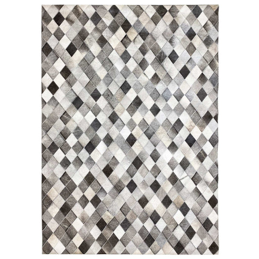 Square calfskin rug with a diamond pattern in gray, white, and black