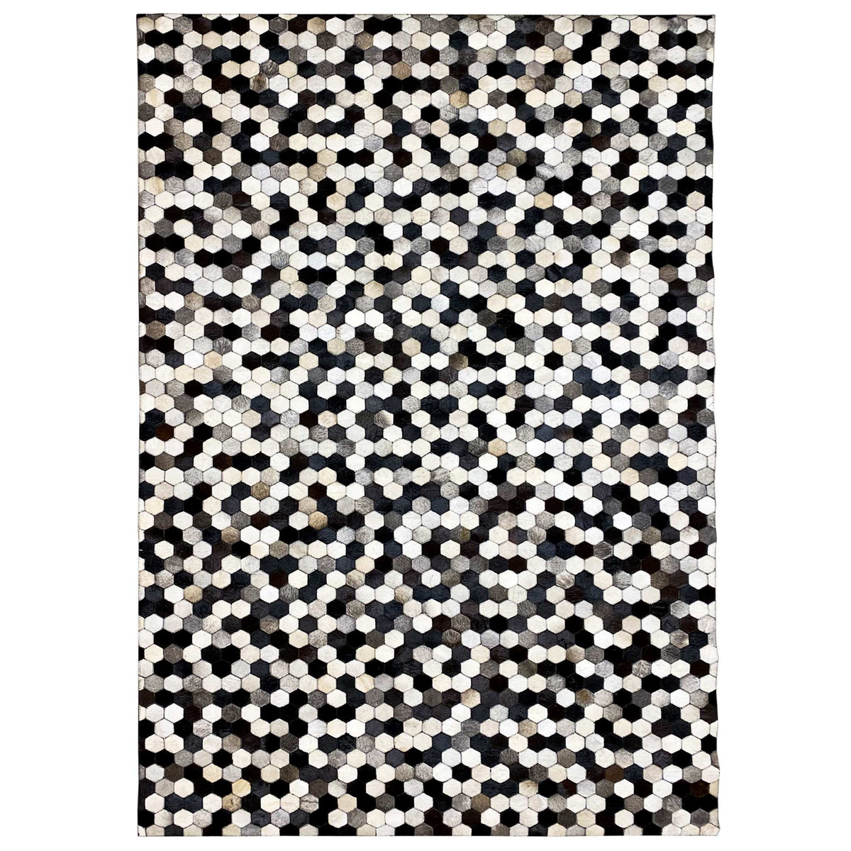 Hexagonal calfskin rug with a black-white-gray hexagon pattern, rectangular, flat-woven