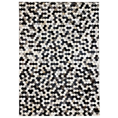 Hexagonal calfskin rug with a black-white-gray hexagon pattern, rectangular, flat-woven