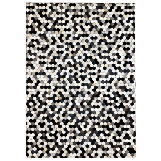 Hexagonal calfskin rug with a black-white-gray hexagon pattern, rectangular, flat-woven