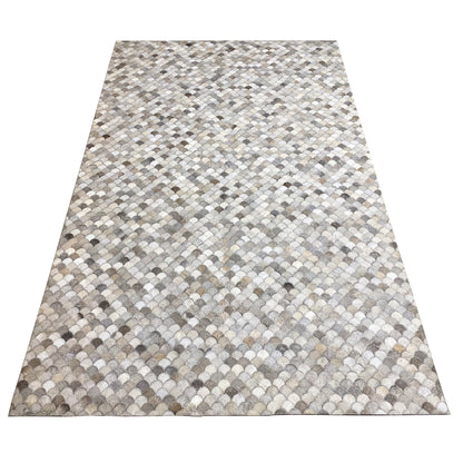 Shell calfskin rug, large-scale; shell pattern in beige and gray