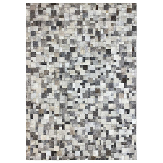 Calfskin rug with a geometric tile pattern in gray, cream, and black, square