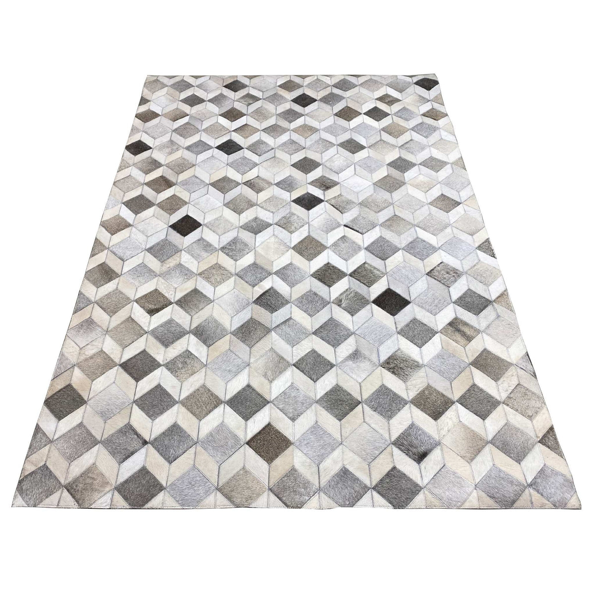 Geometric calfskin rug, flat-laying, cube pattern in light gray tones