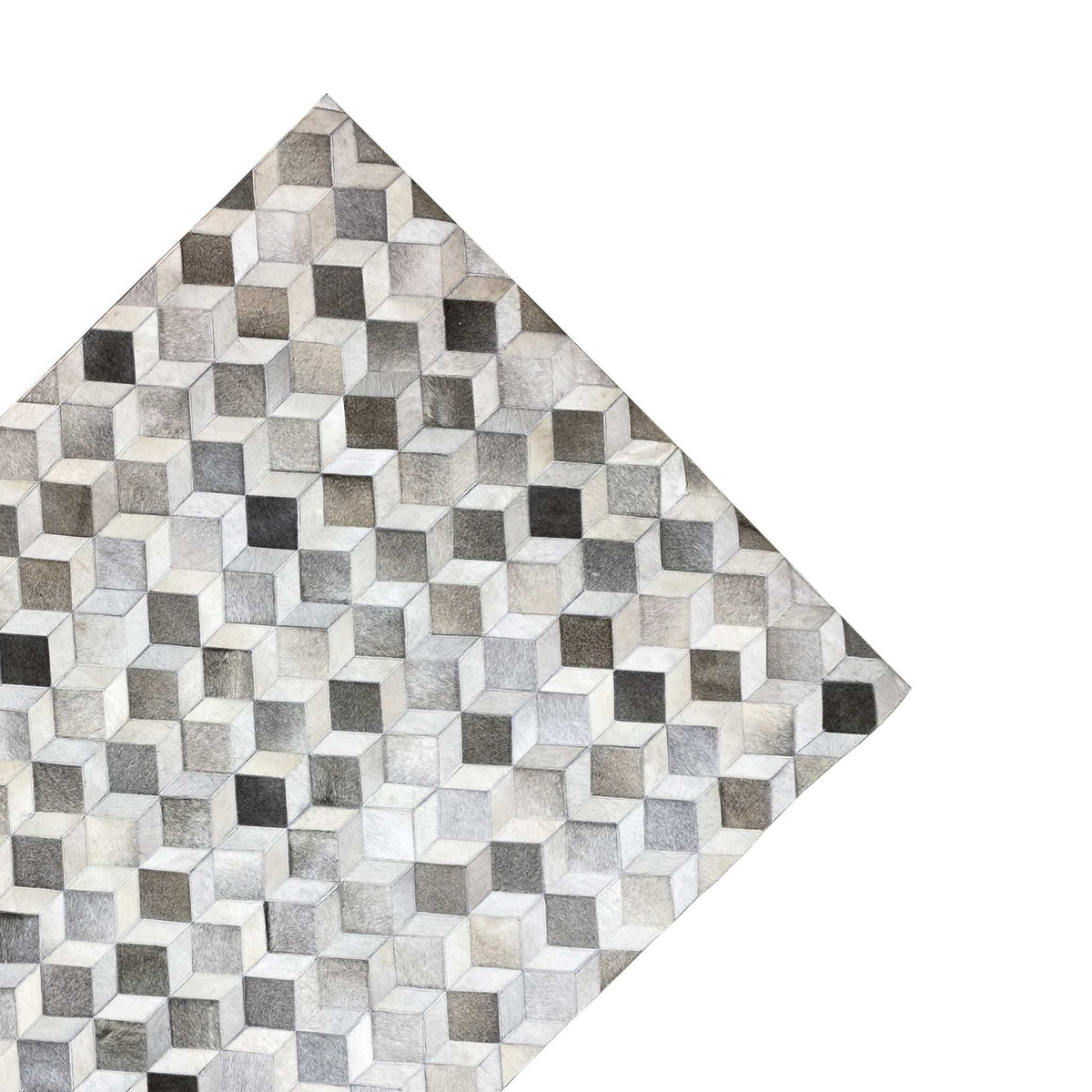 Rug with a geometric cube pattern in gray and beige, dark accents