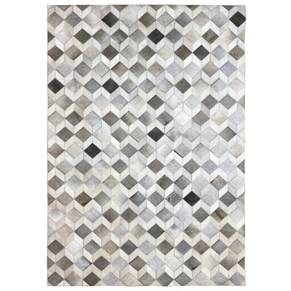 Geometric calfskin rug with a cube pattern in gray, beige, and black