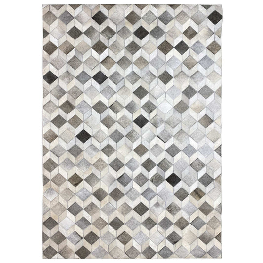 Geometric calfskin rug with a cube pattern in gray, beige, and black
