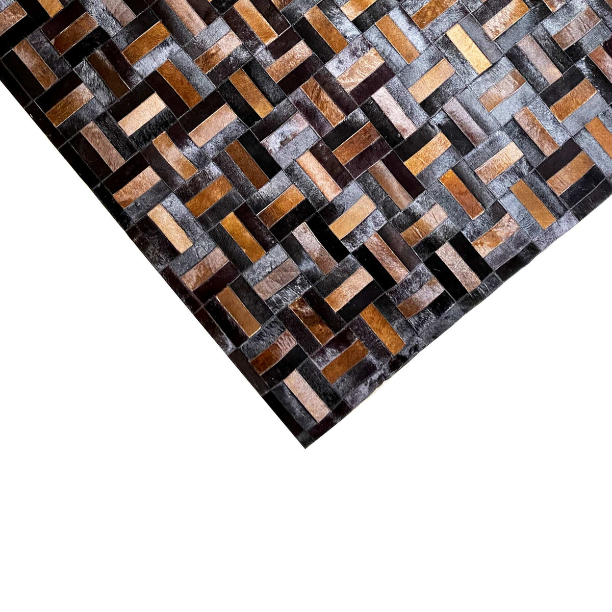 Leather rug diagonal view with a brick pattern in shades of brown, gray, and black