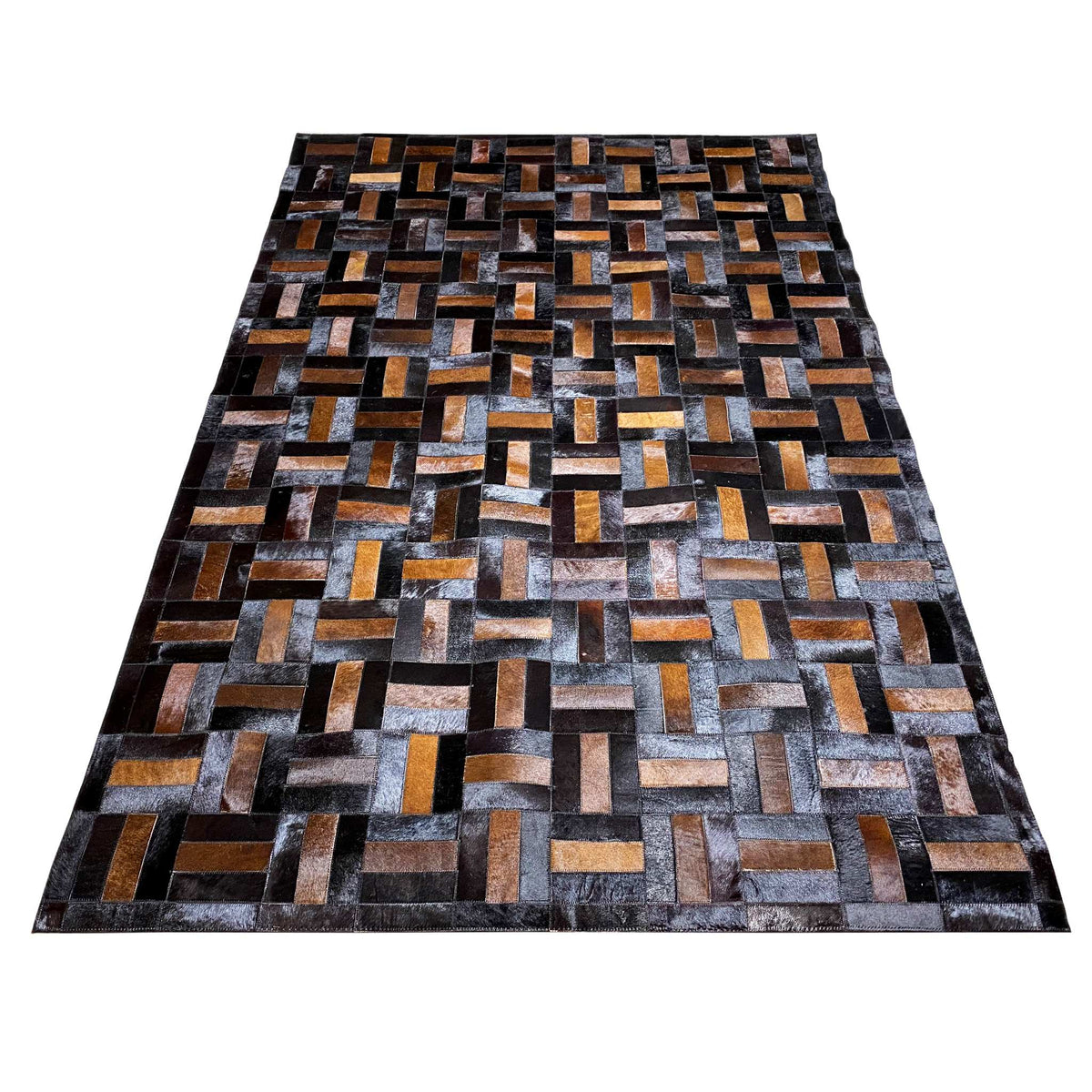Wide leather rug with a geometric brick pattern in black, gray, and ochre