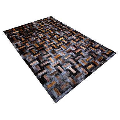 Leather rug laid flat, brick pattern in shades of brown, gray, and black