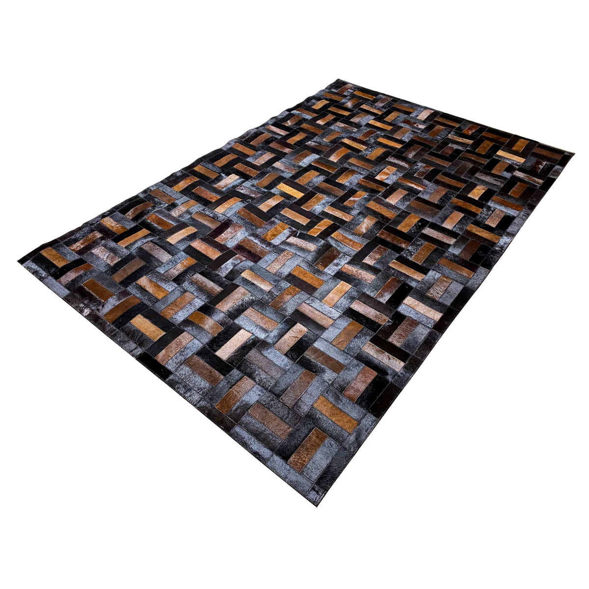 Leather rug laid at an angle, geometric block stripes in black, gray, and ochre