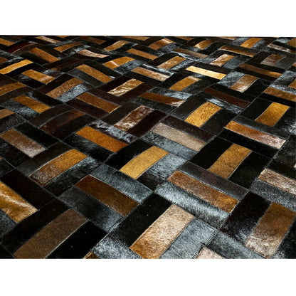 Leather rug close-up: inlaid leather squares in black and brown
