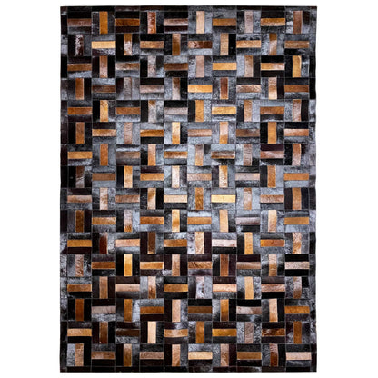 Leather rug with a geometric brick pattern in black, gray, and brown