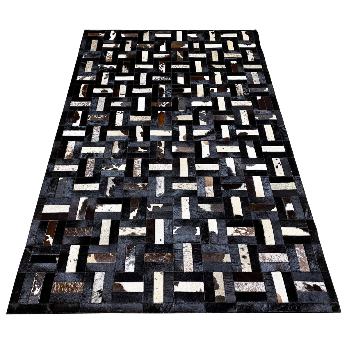 Geometric calfskin rug with block grid, black-gray and white, large