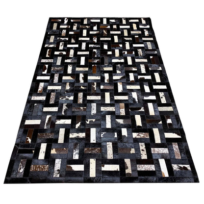 Geometric calfskin rug with block grid, black-gray and white, large