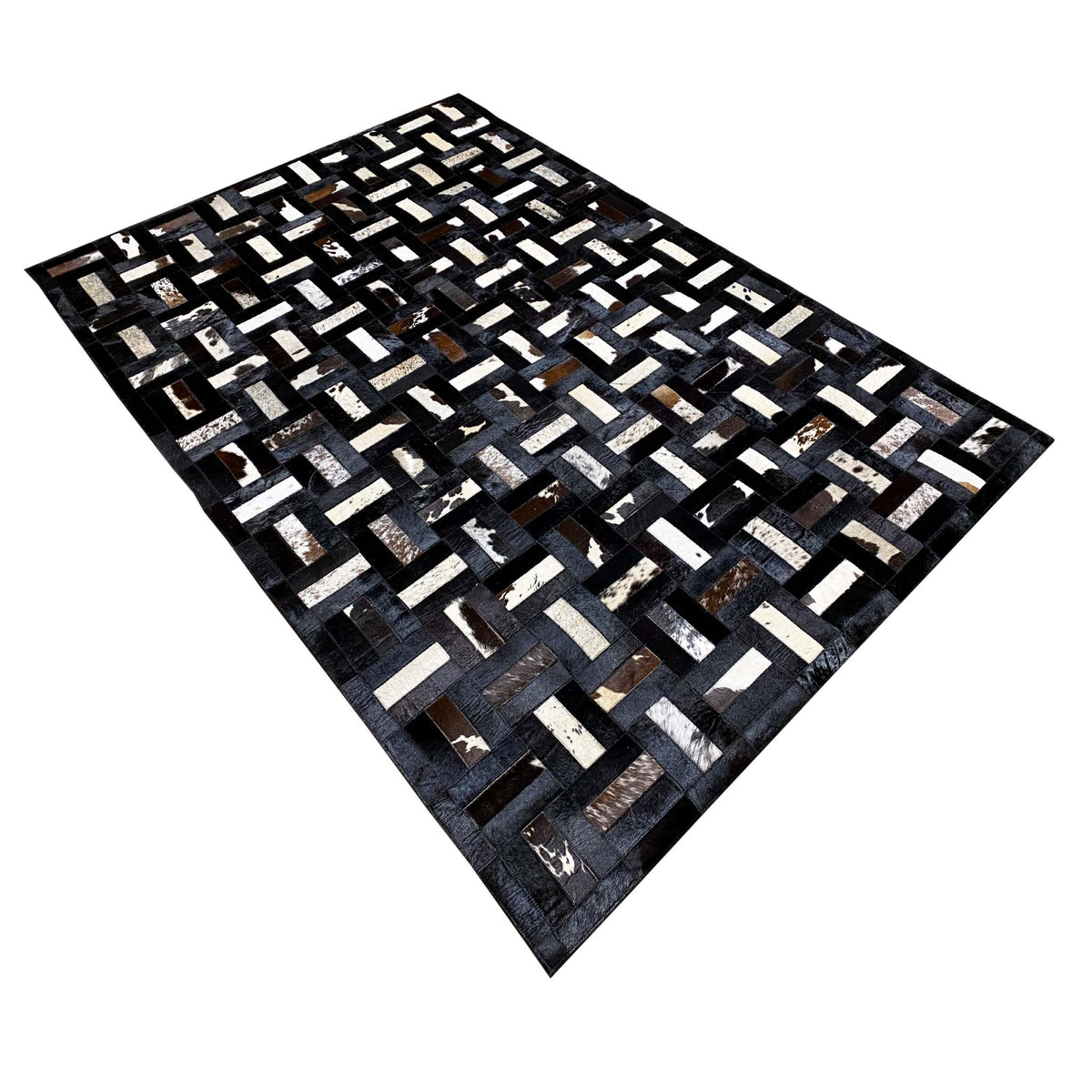 Calfskin rug with a diamond pattern, black and gray with white and brown flecks