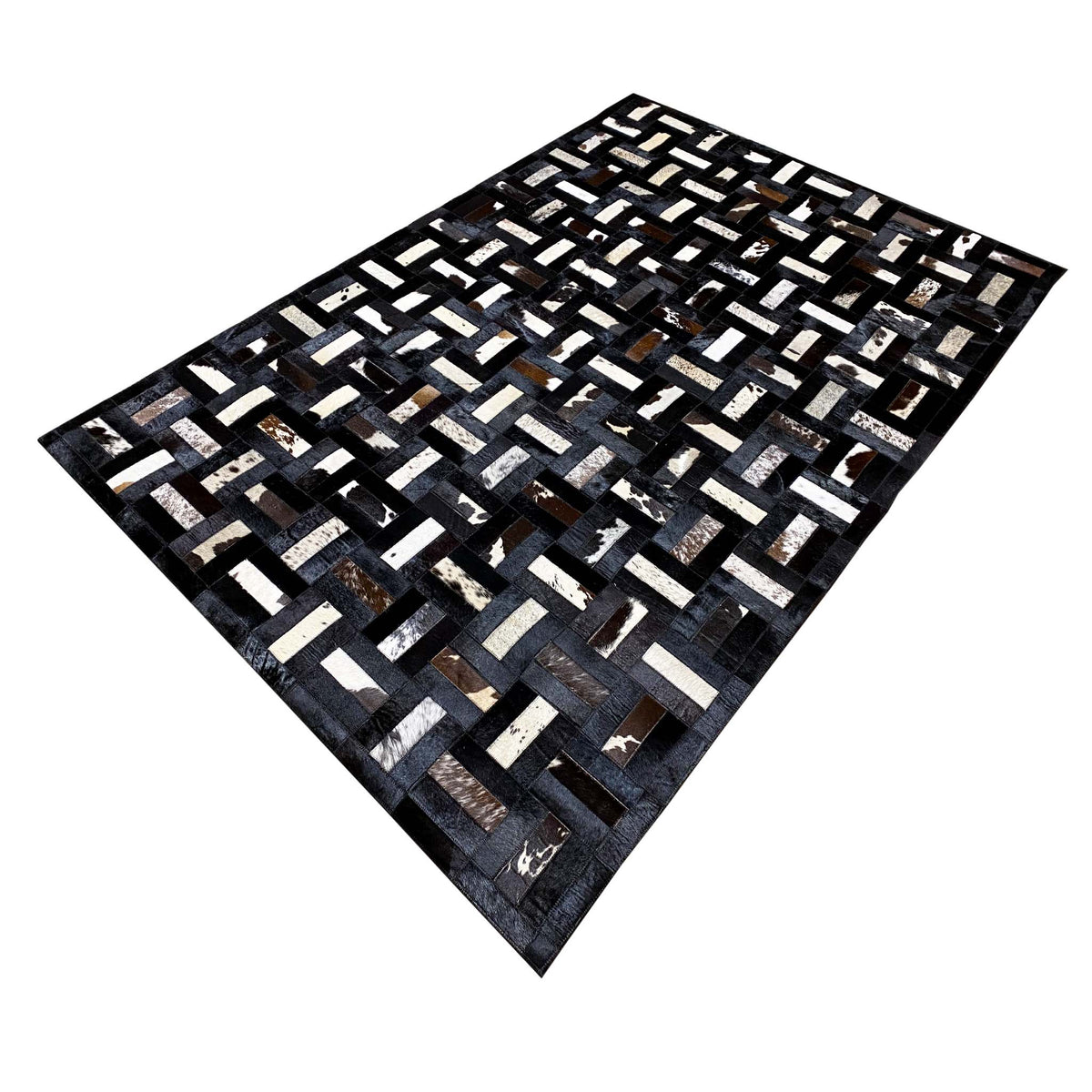 Calfskin rug, diagonal: black and gray with white stripes and brown accents