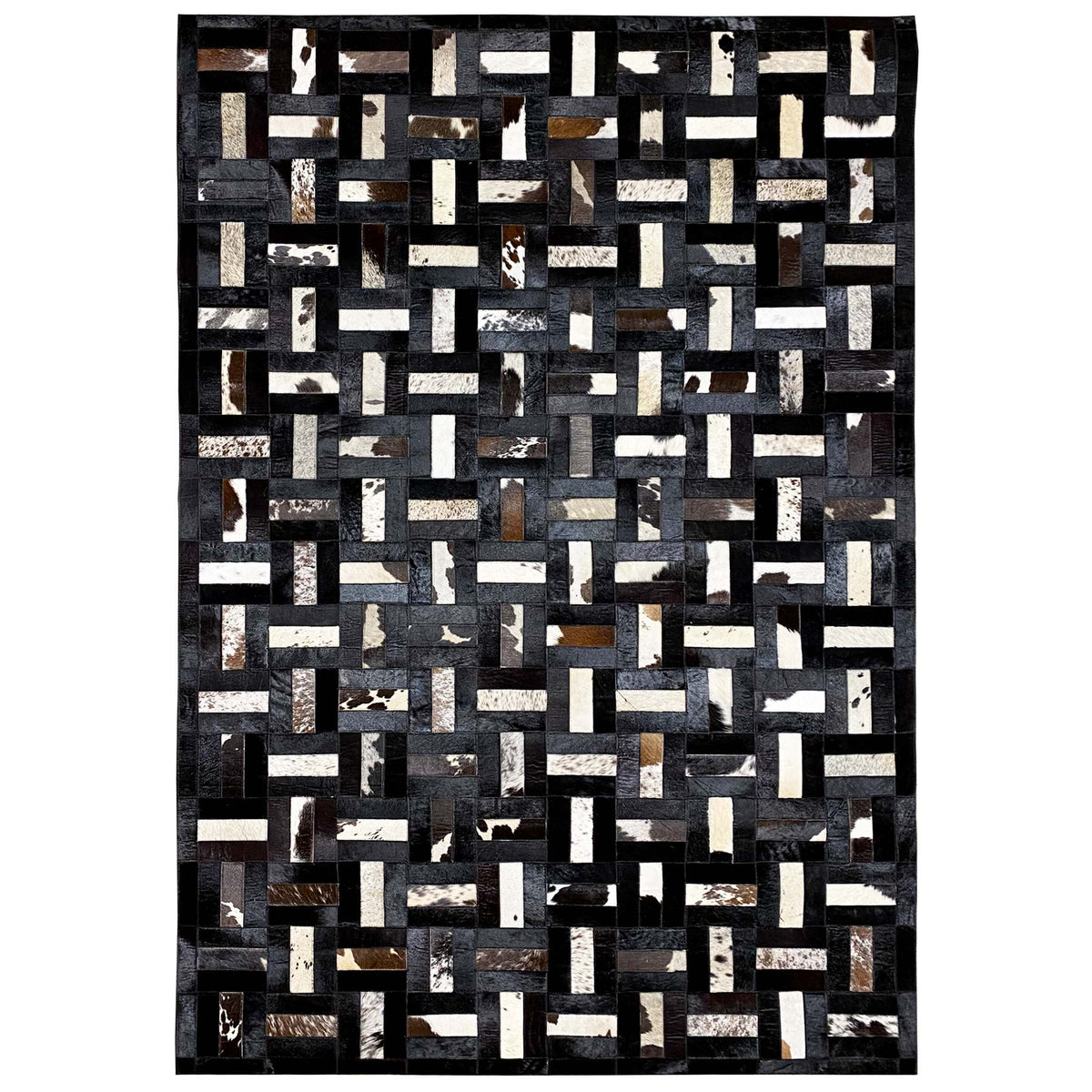 Geometric calfskin rug: black-gray, white block pattern, 160×248 cm