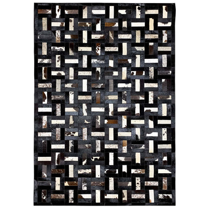 Geometric calfskin rug: black-gray, white block pattern, 160×248 cm