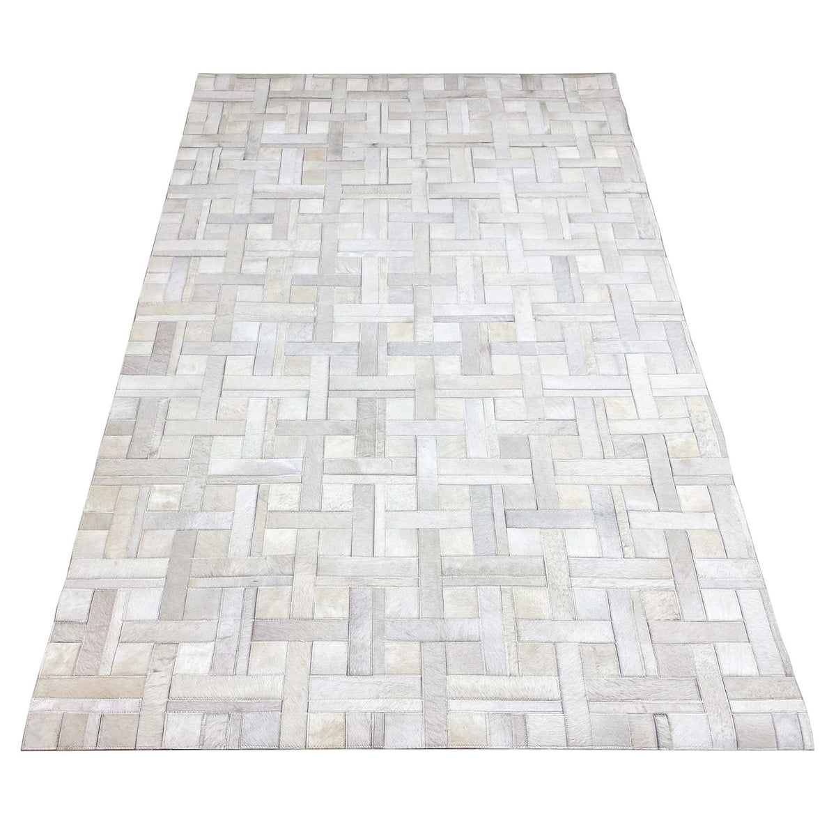 Flat leather rug with brick pattern, light gray and white, rectangular