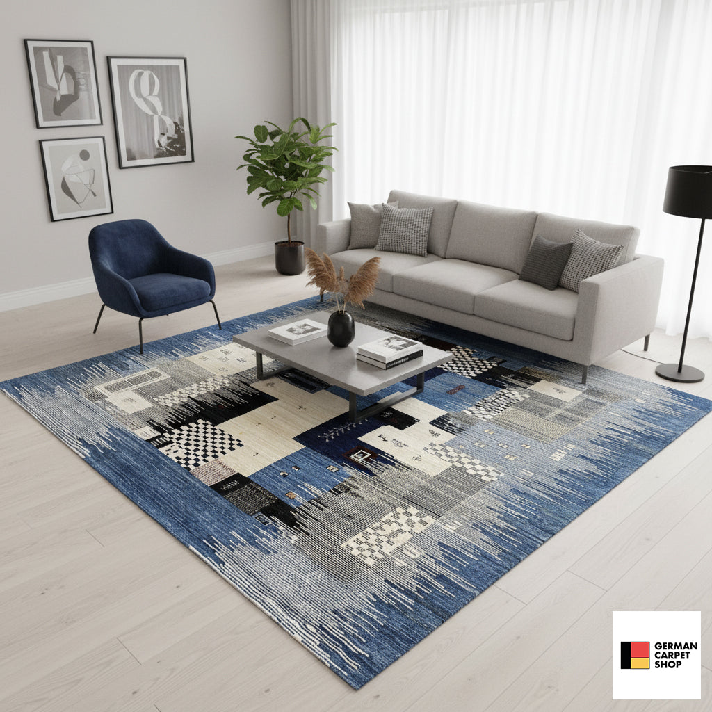 Gabbeh-Luri rug 308x250 cm, large blue-and-white patchwork geometric pattern