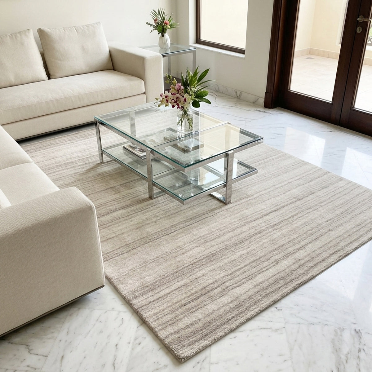Light beige rug with fine horizontal stripes across the surface
