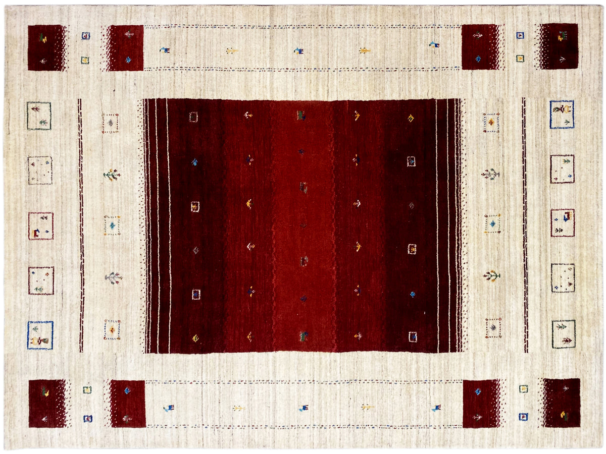 Loom Luri Teppich mit breitem Rahmen in Creme und rotem Rechteck-Motiv in der Mitte