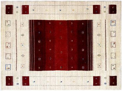 Loom Luri Teppich mit breitem Rahmen in Creme und rotem Rechteck-Motiv in der Mitte