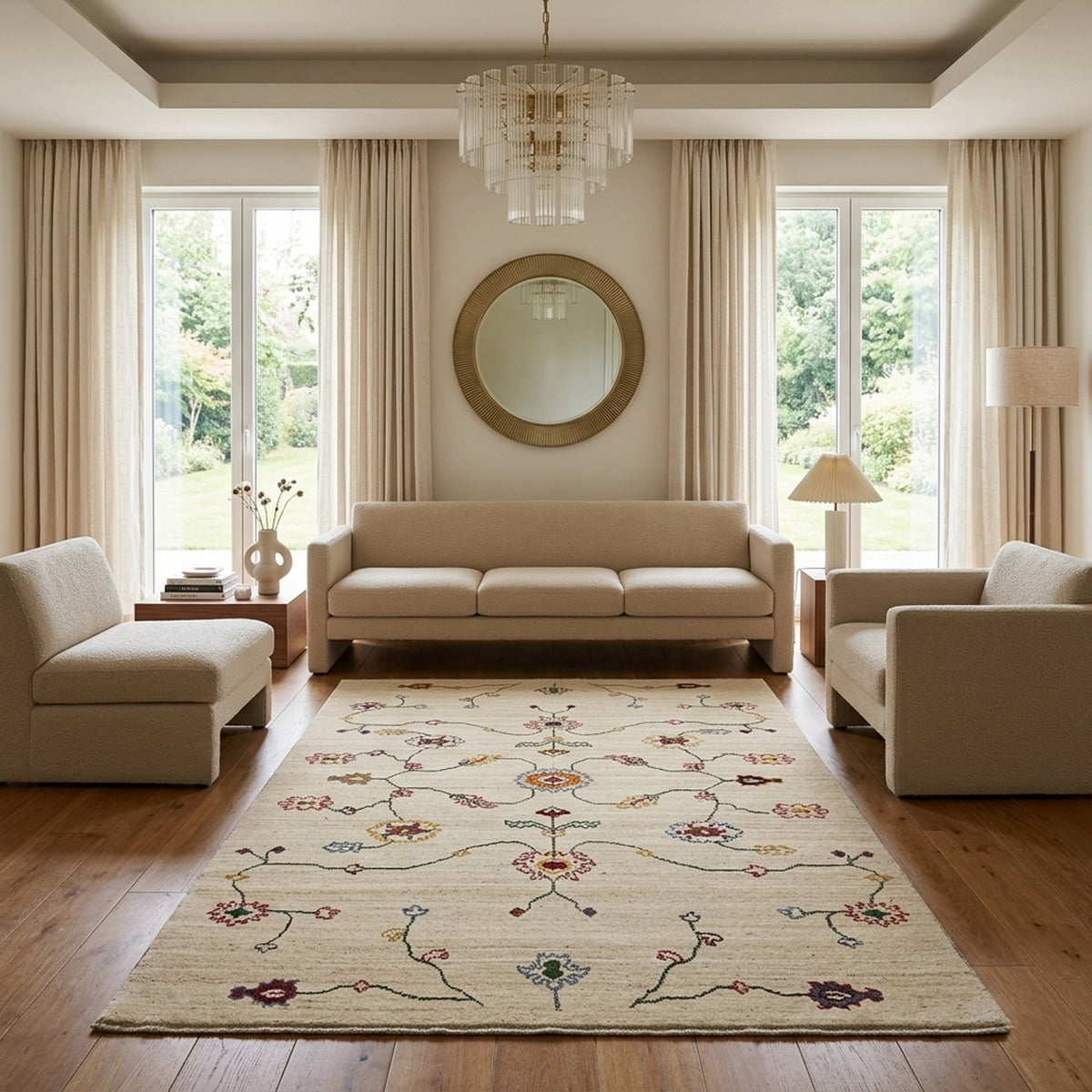 Teppich 119×180 cm in Creme mit buntem Ornament- und Linienmuster, flach ausgelegt.