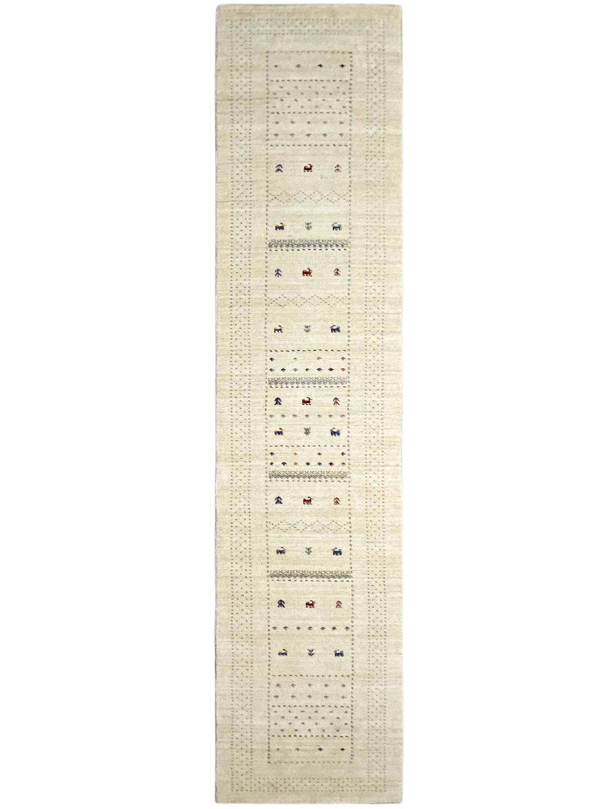 Läuferteppich in hellem Beige mit langem geometrischem Muster und bunten Akzenten
