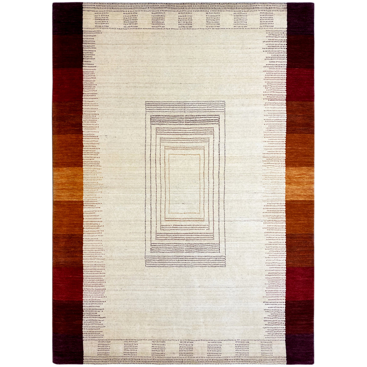 Rechteckiger Teppich mit beigem Grund und geometrischem Quadratlinien-Muster, rote/braune Ränder