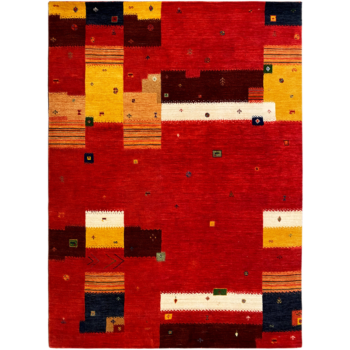 Loom Luri Teppich in Rot mit Patchwork-Mustern aus Gelb, Weiß und Dunkelblau