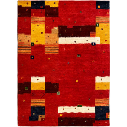 Loom Luri Teppich in Rot mit Patchwork-Mustern aus Gelb, Weiß und Dunkelblau