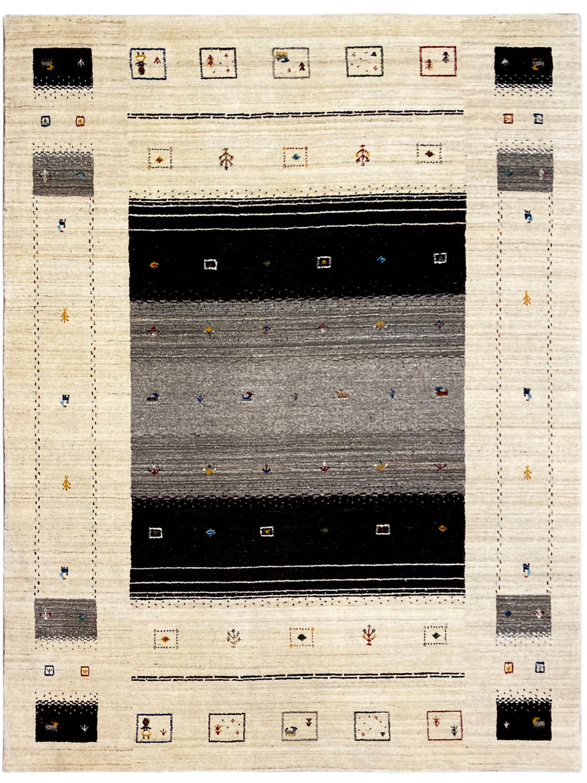 Loom Luri-Teppich 240x176 cm, beige mit dunklem Quadrat im Zentrum und bunten Mini-Motiven