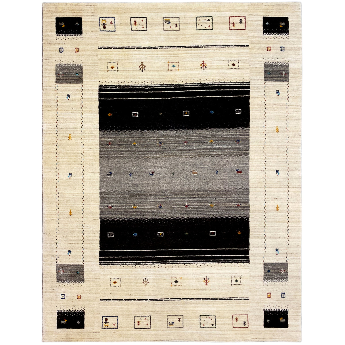 Loom Luri-Teppich 240x176 cm mit beige Grund, schwarz-grauen Streifen und kleinen Musterquadraten