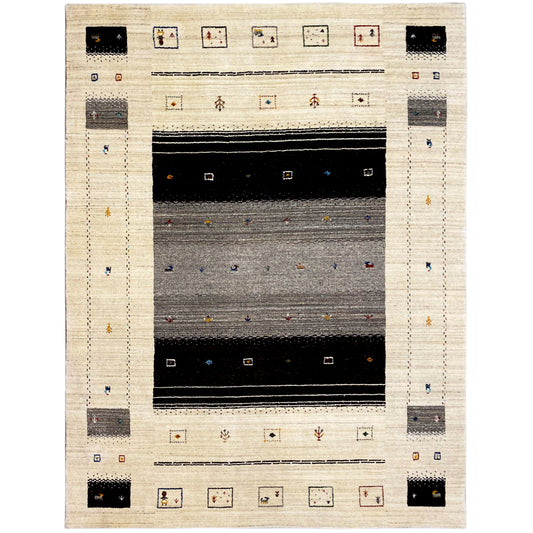 Loom Luri-Teppich 240x176 cm mit beige Grund, schwarz-grauen Streifen und kleinen Musterquadraten