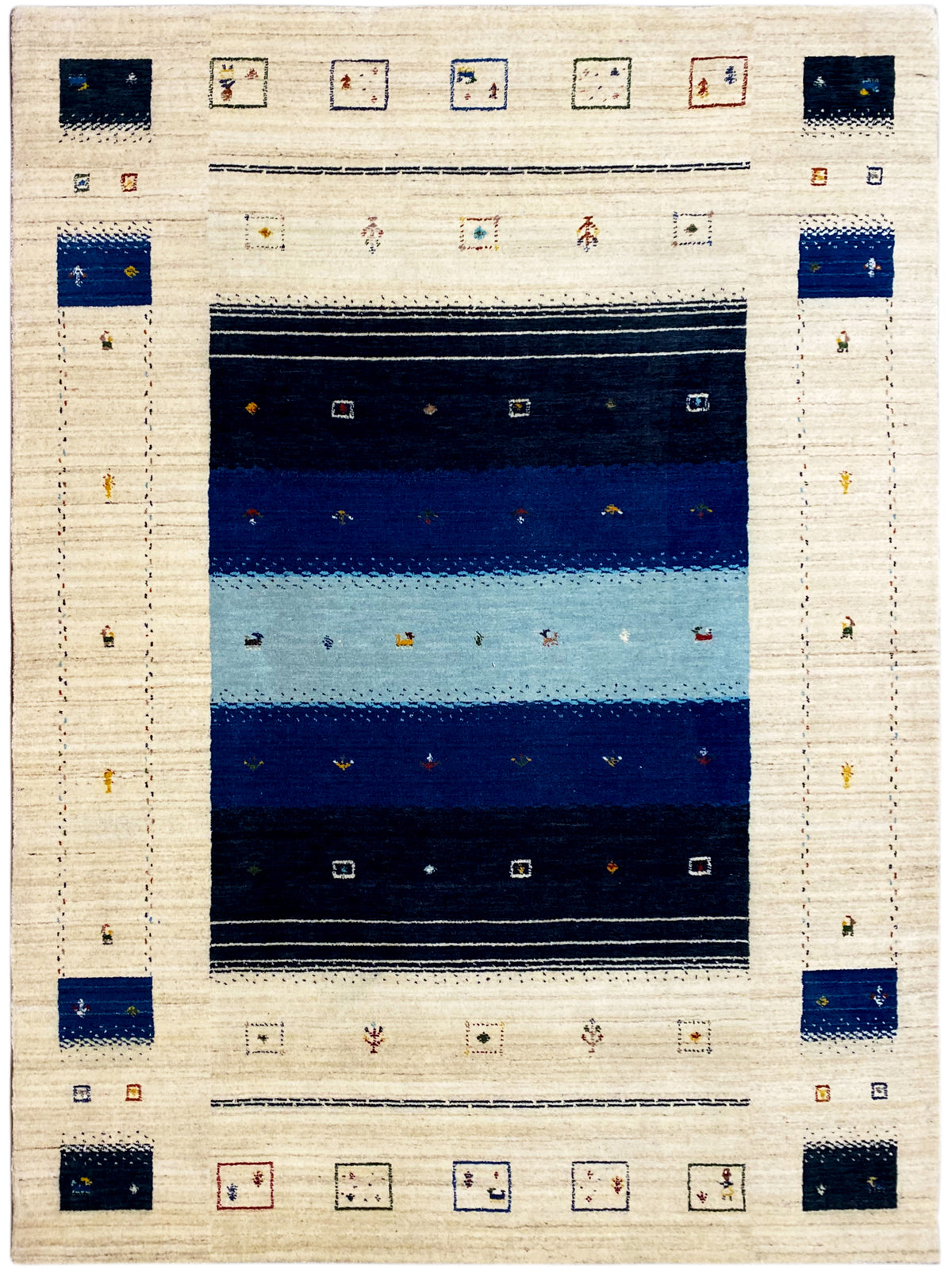 Loom Luri Teppich: beiger Hintergrund mit dunklen und hellen blauen Streifen