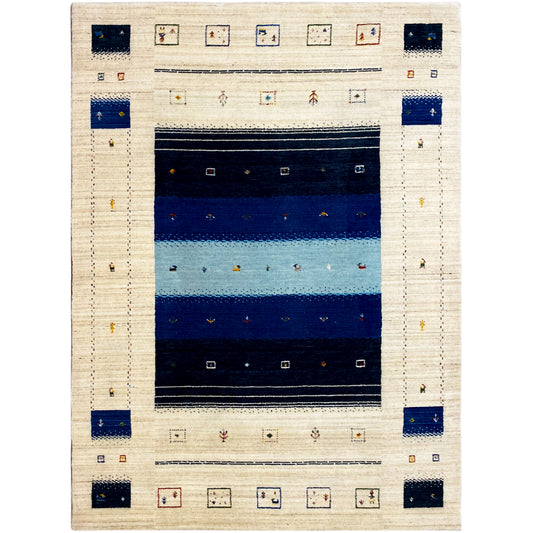 Loom Luri Teppich mit beigem Grund und blauem, geometrischem Muster