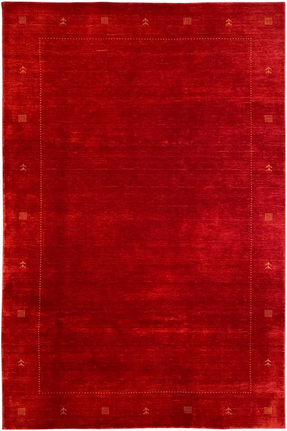 Red Gabbeh rug with a geometric border and small symbols, rectangular