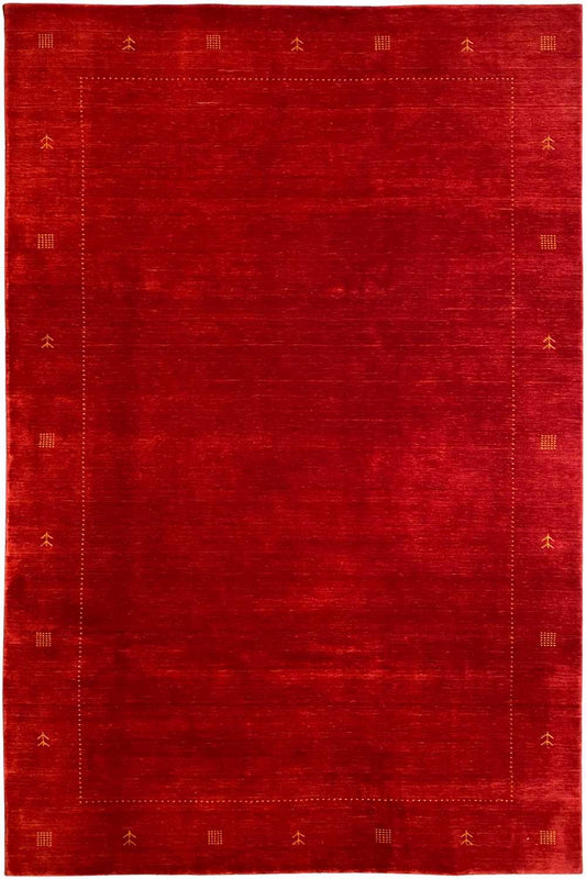 Red Gabbeh rug with a geometric border and small symbols, rectangular