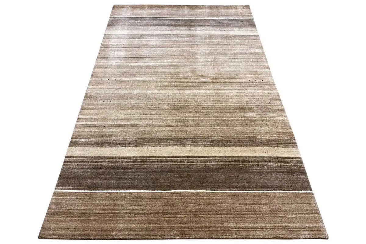 Gabbeh rug in trapezoidal view: even stripes in beige and dark brown