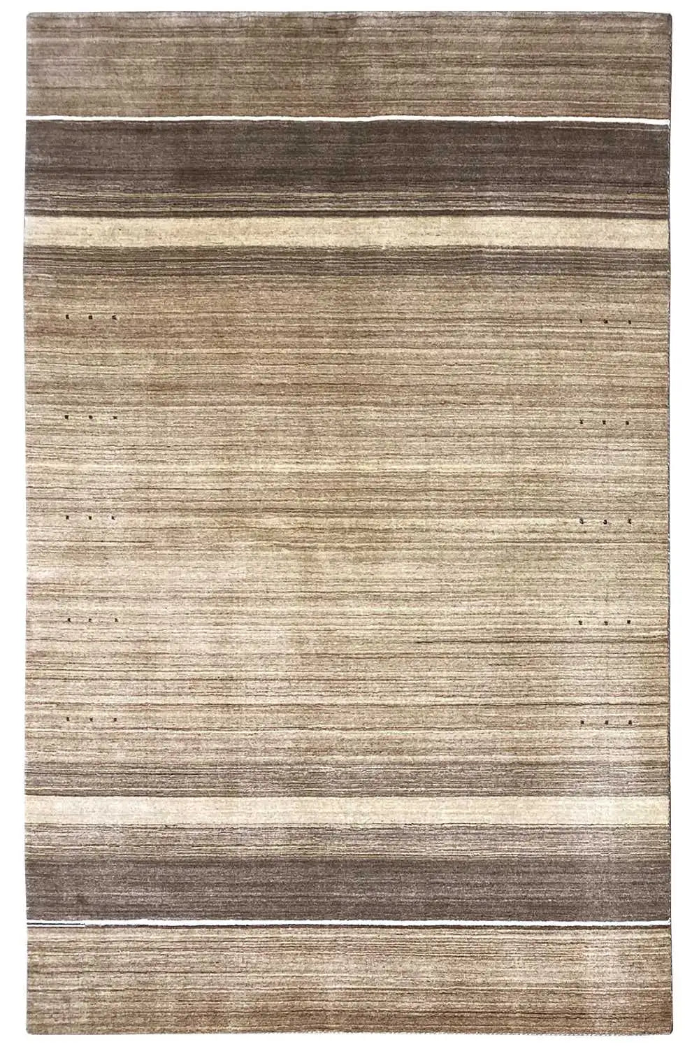 Rectangular Gabbeh rug with horizontal stripes in beige and brown, hemmed