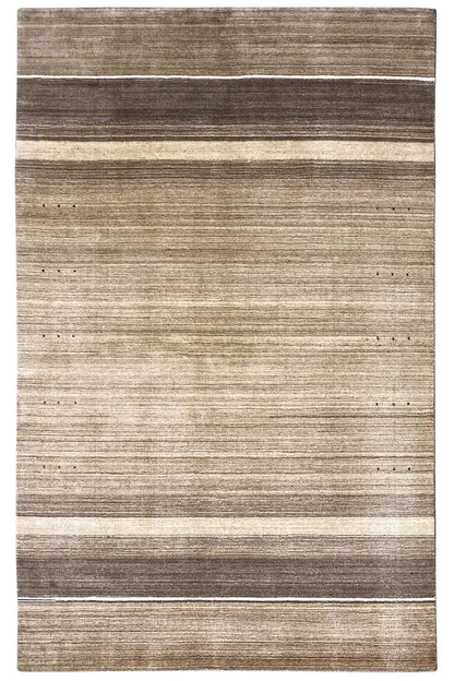 Rectangular Gabbeh rug with horizontal stripes in beige and brown, hemmed