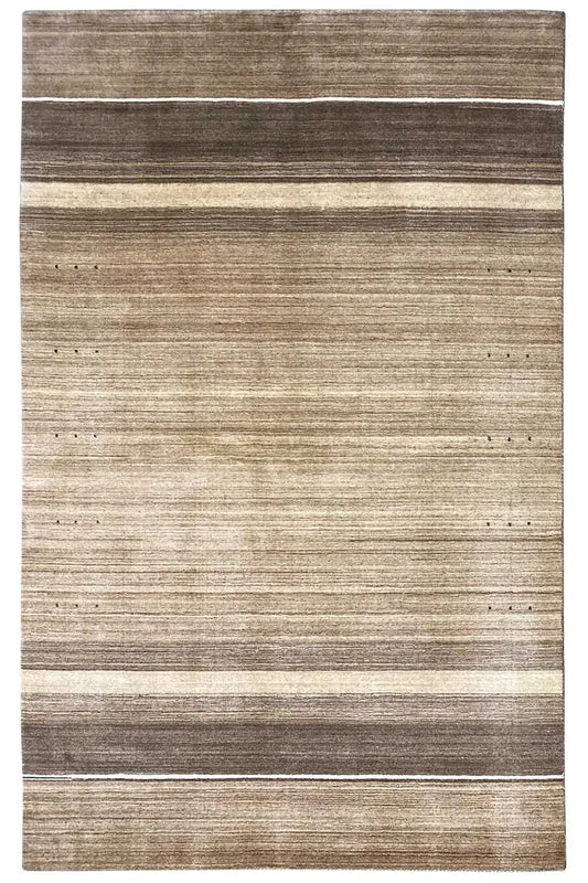 Rectangular Gabbeh rug with horizontal stripes in beige and brown, hemmed