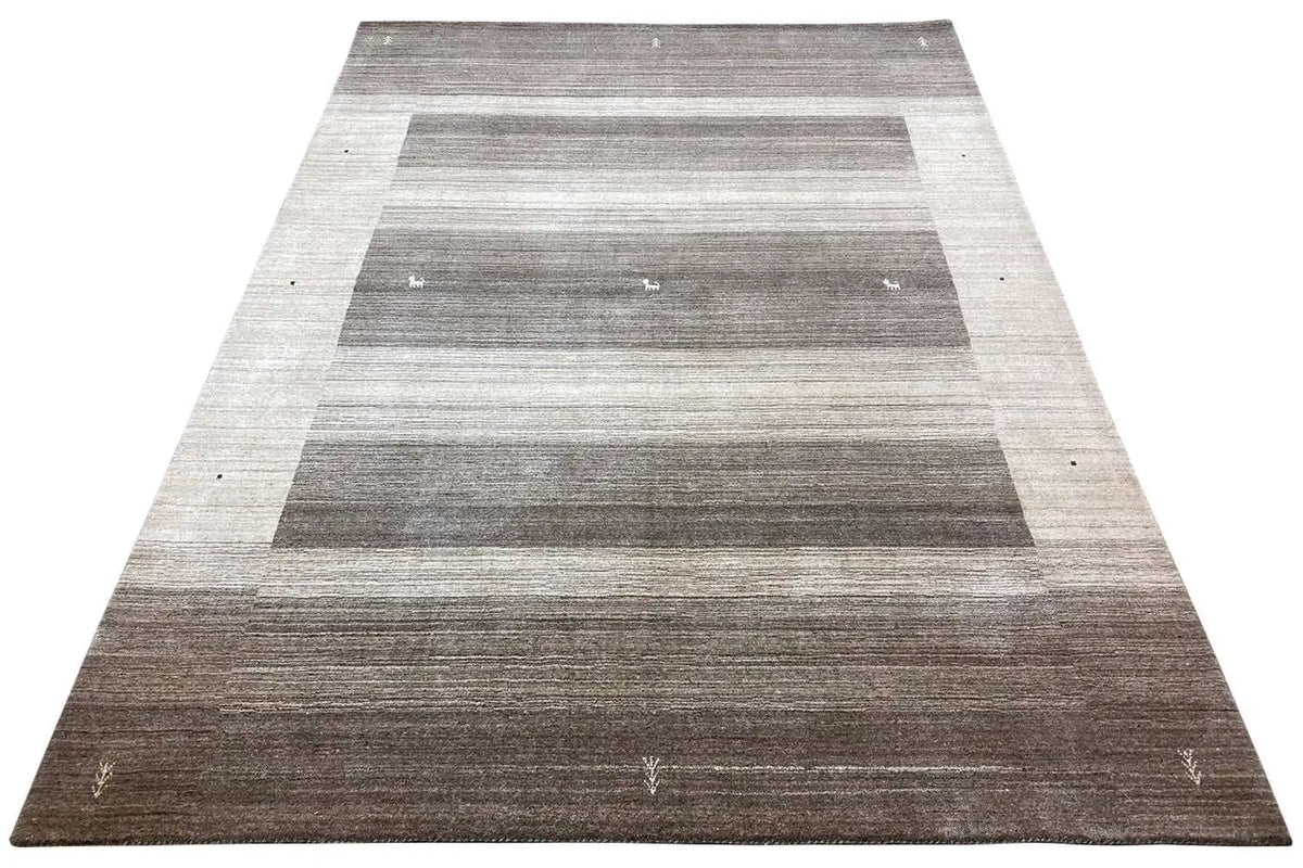 Rug with a broad horizontal striped pattern in shades of gray and beige, rectangular border.